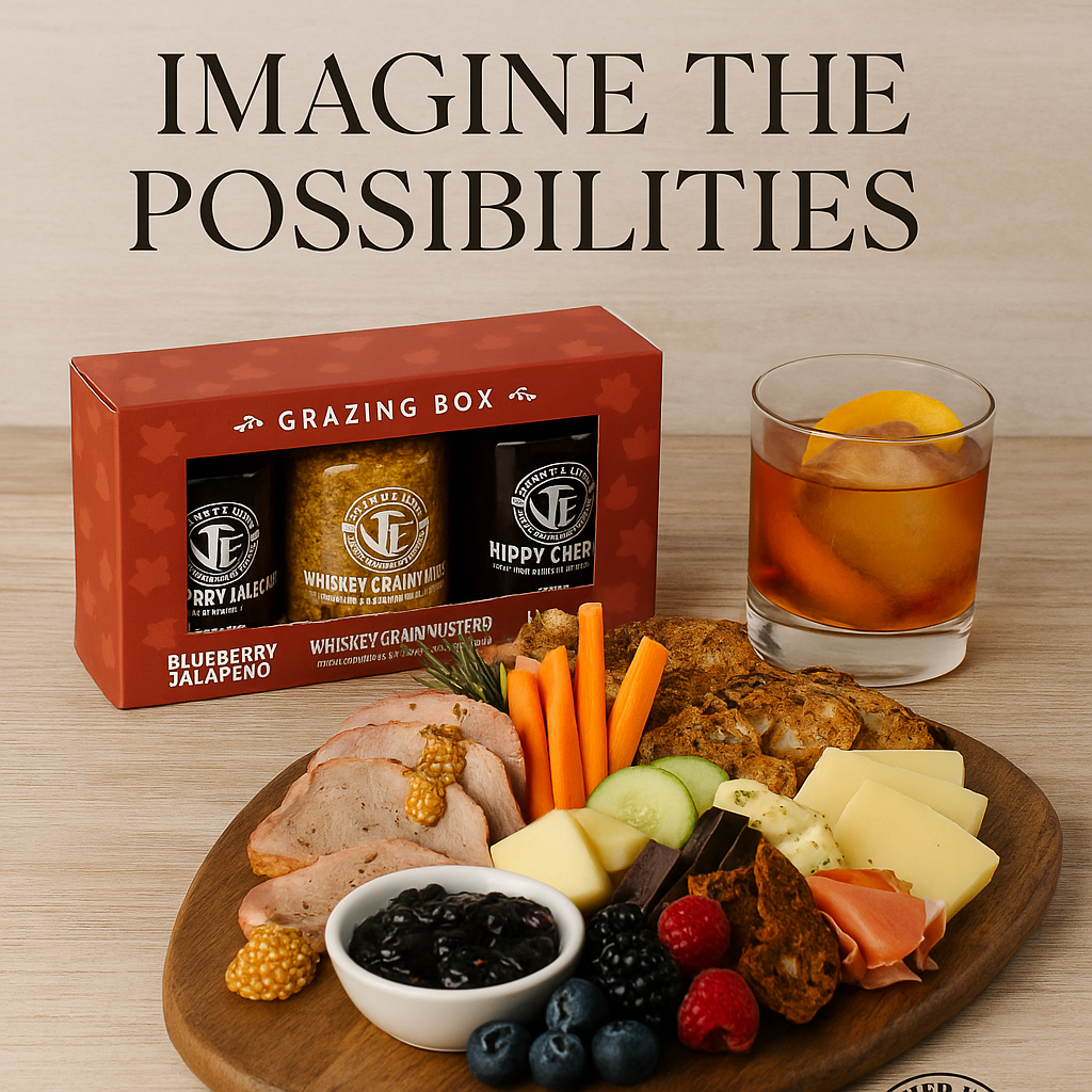 Grazing box with assorted foods and a glass of iced tea on a wooden surface.