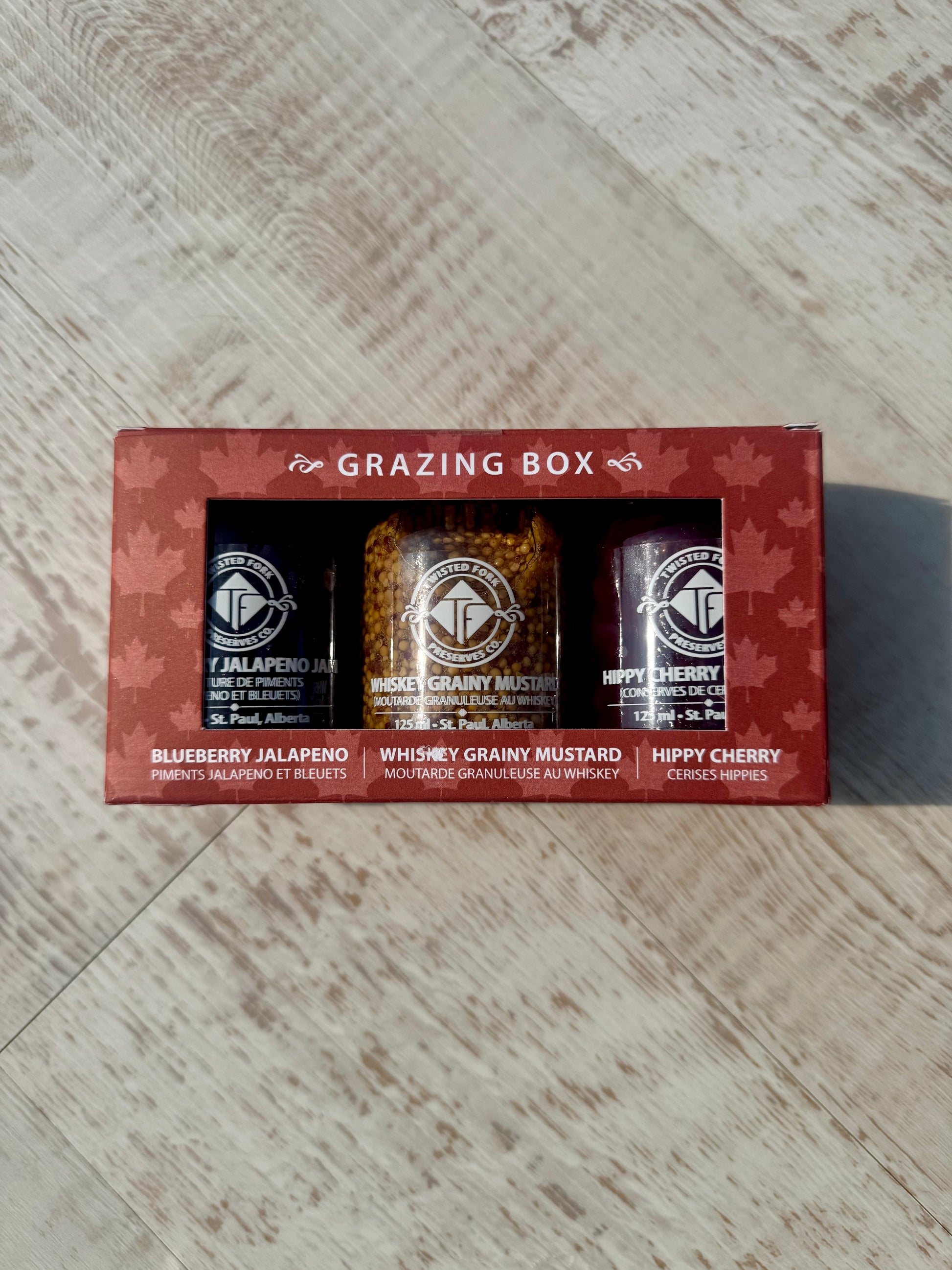 Grazing box with blueberry jalapeno, whisky mustard and hippy cherry