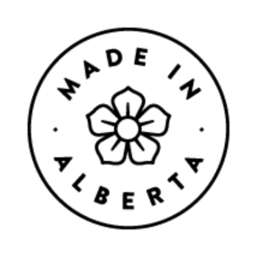 Logo with 'Made in Alberta' text and a floral design on a green background